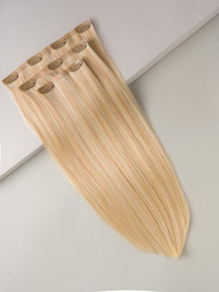 PREMIUM – CLIP IN BEZŠVOVÉ ĽUDSKÉ VLASY – 40 CM, 65g #18/22 ŠAMPANSKÁ S JASNÝM BLOND